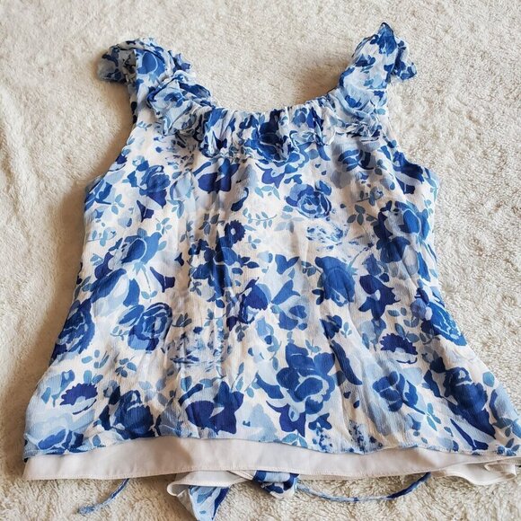 Polo Ralph Lauren Blue White Floral Sleeveless Wrap Blouse 10 Dainty Feminine - Picture 2 of 8